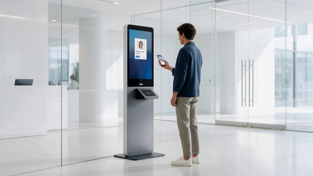מסך קבלה דיגיטלי עם מבקר סורק QR לצ'ק-אין עצמאי – מערכת Visitor Management משולבת עם בקרת כניסה.