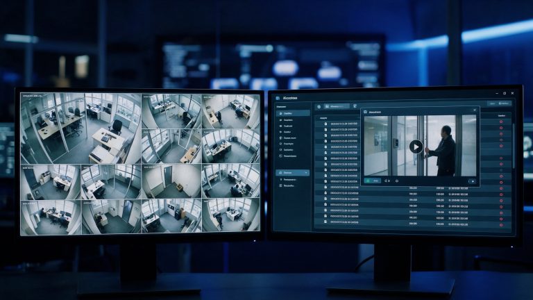 צג ניהול אבטחה המציג פתיחת דלת עם pop-up מצלמה CCTV בזמן אמת – אינטגרציה בקרת כניסה ווידאו.